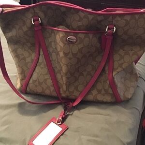 Coach Brown Signature Tote with Pink Trim